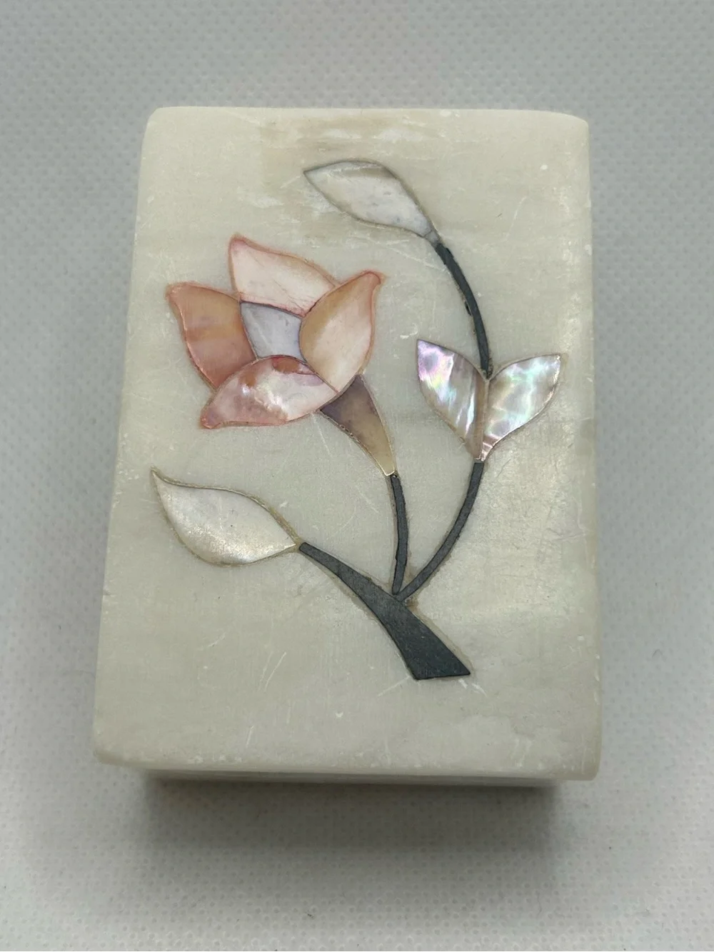 Vintage Trinket Box Floral Soapstone Inlay Pink White Made in India 3x2